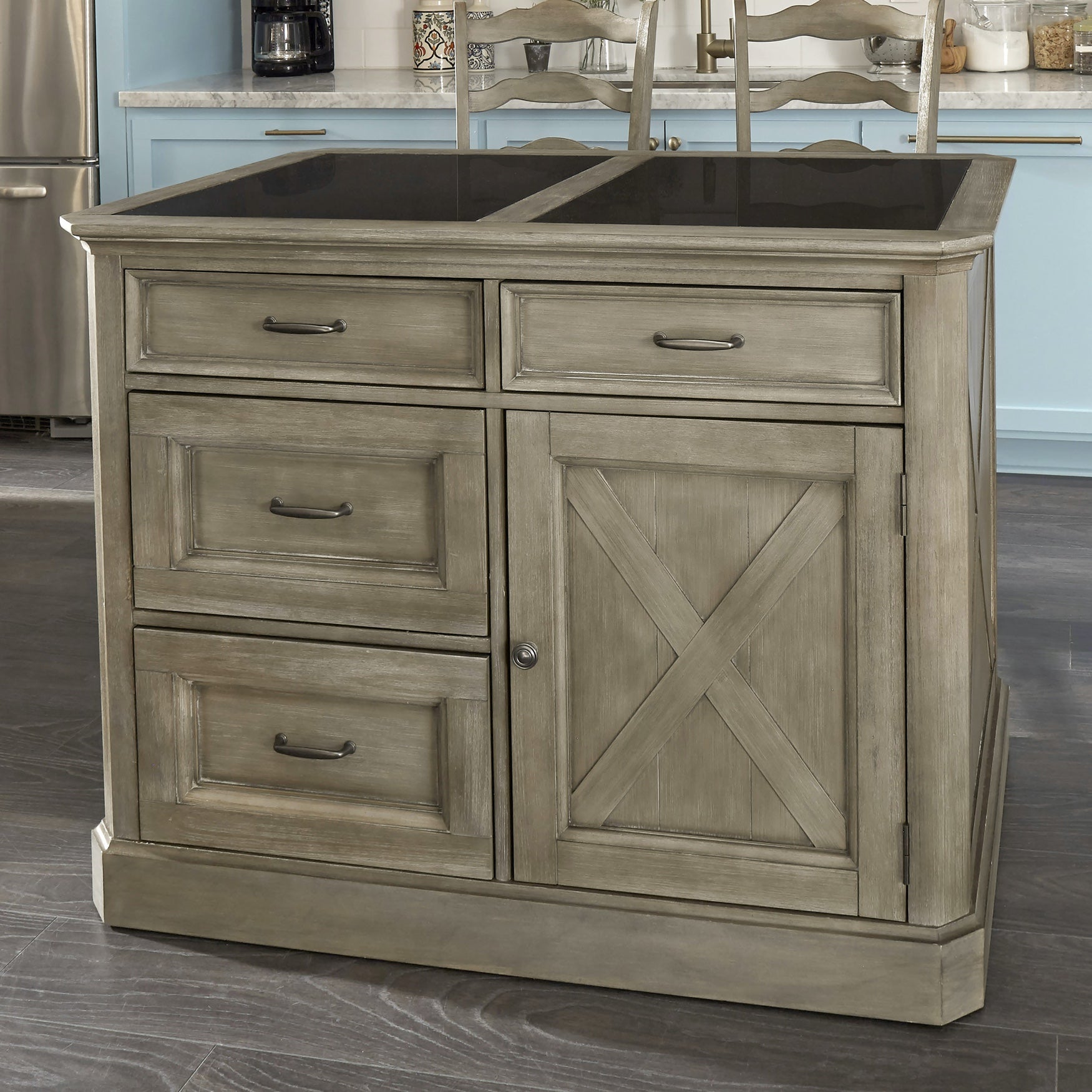 Mountain Lodge Gray Kitchen Island & 2 Stools | Brylane Home