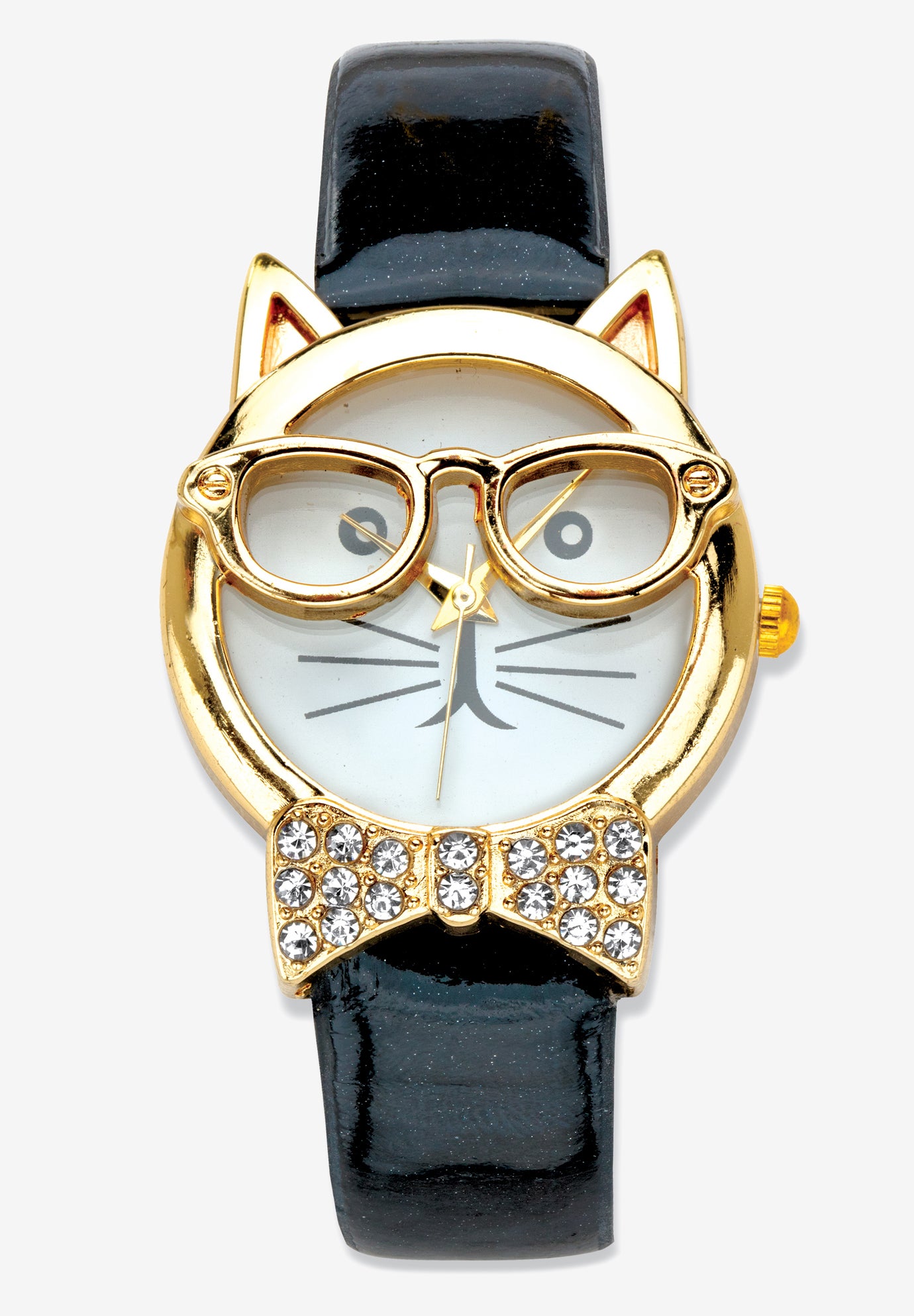 Gold Tone Bowtie Cat Watch With Adjustable Black Strap 8 Jewelry