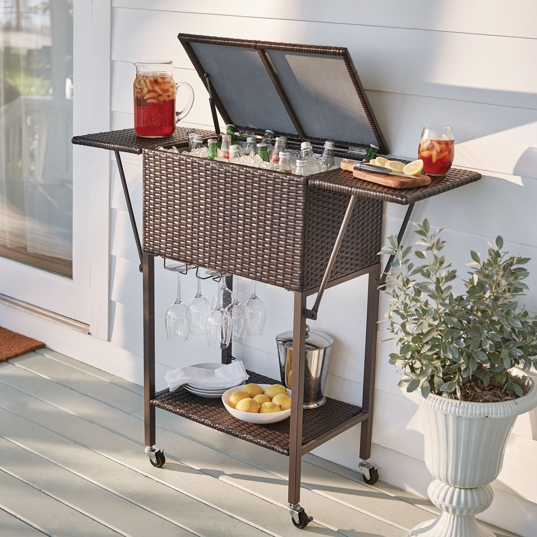 Santiago Rolling Cooler with Stemware Holder Outdoor Brylane Home