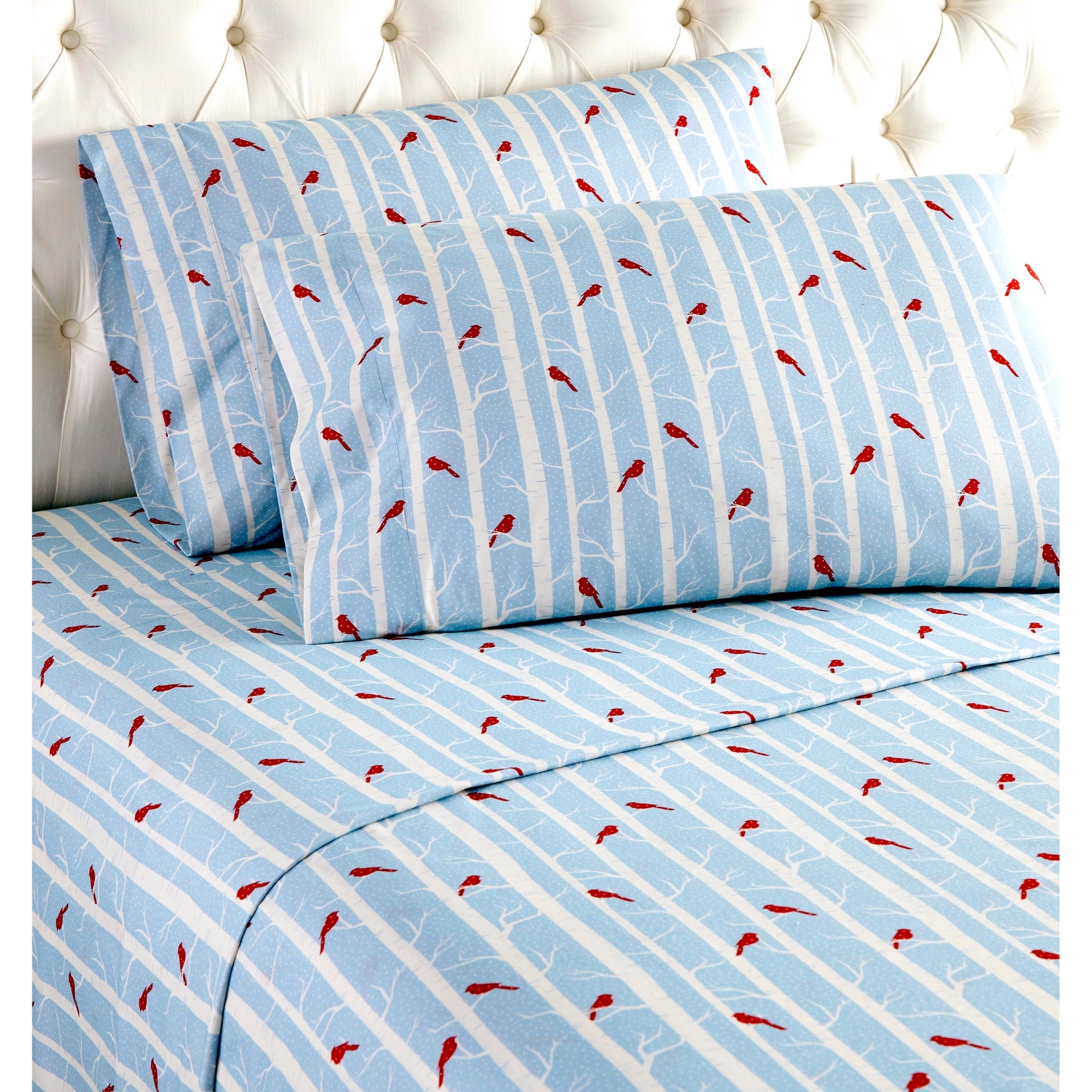 Seasonal Micro Flannel® Blue Cardinal Bird Print Sheet Set, Blue