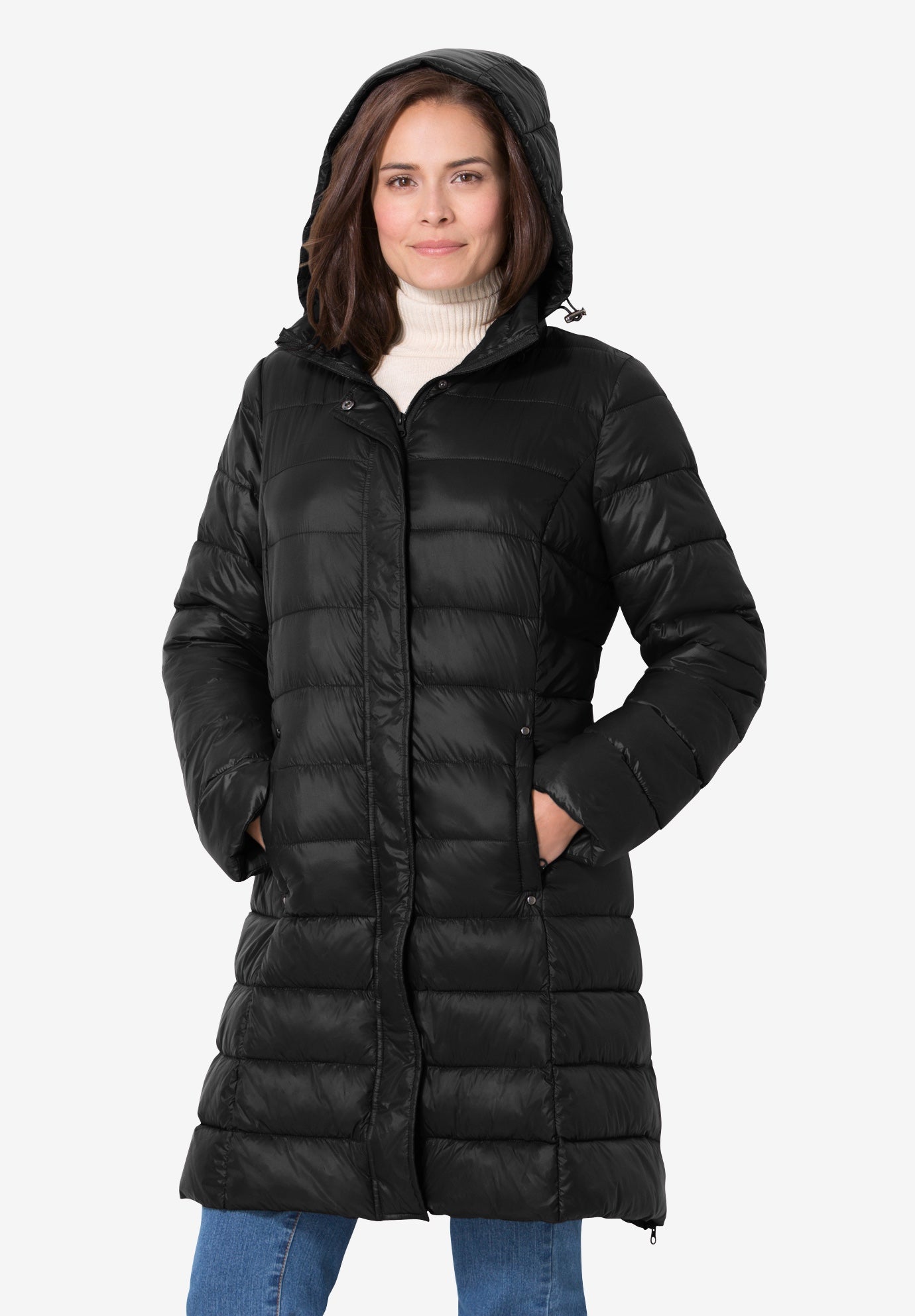 Woman within jackets shop and coats