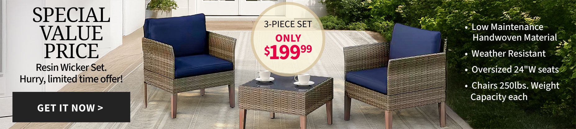 LIMITED TIME SPECIAL VALUE: 3-PIECE RESIN WICKER SET ONLY $199.99