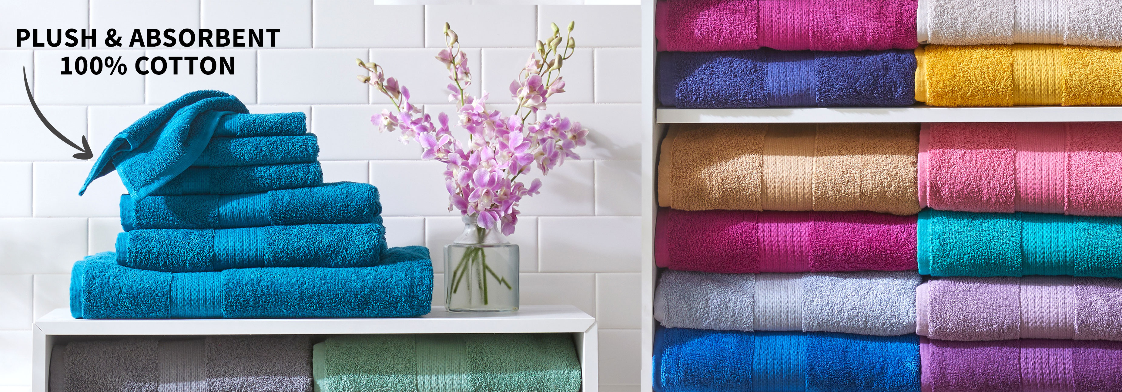 Plush and absorbent 100% cotton towels.
