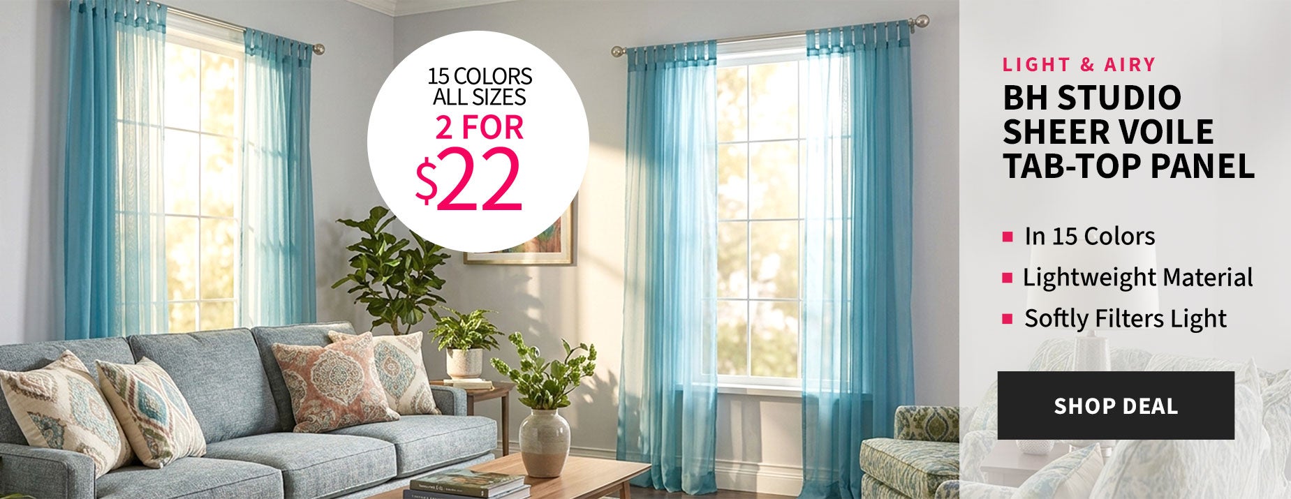 2 For $22 BH Studio Sheer Voile Tab-Top Panel